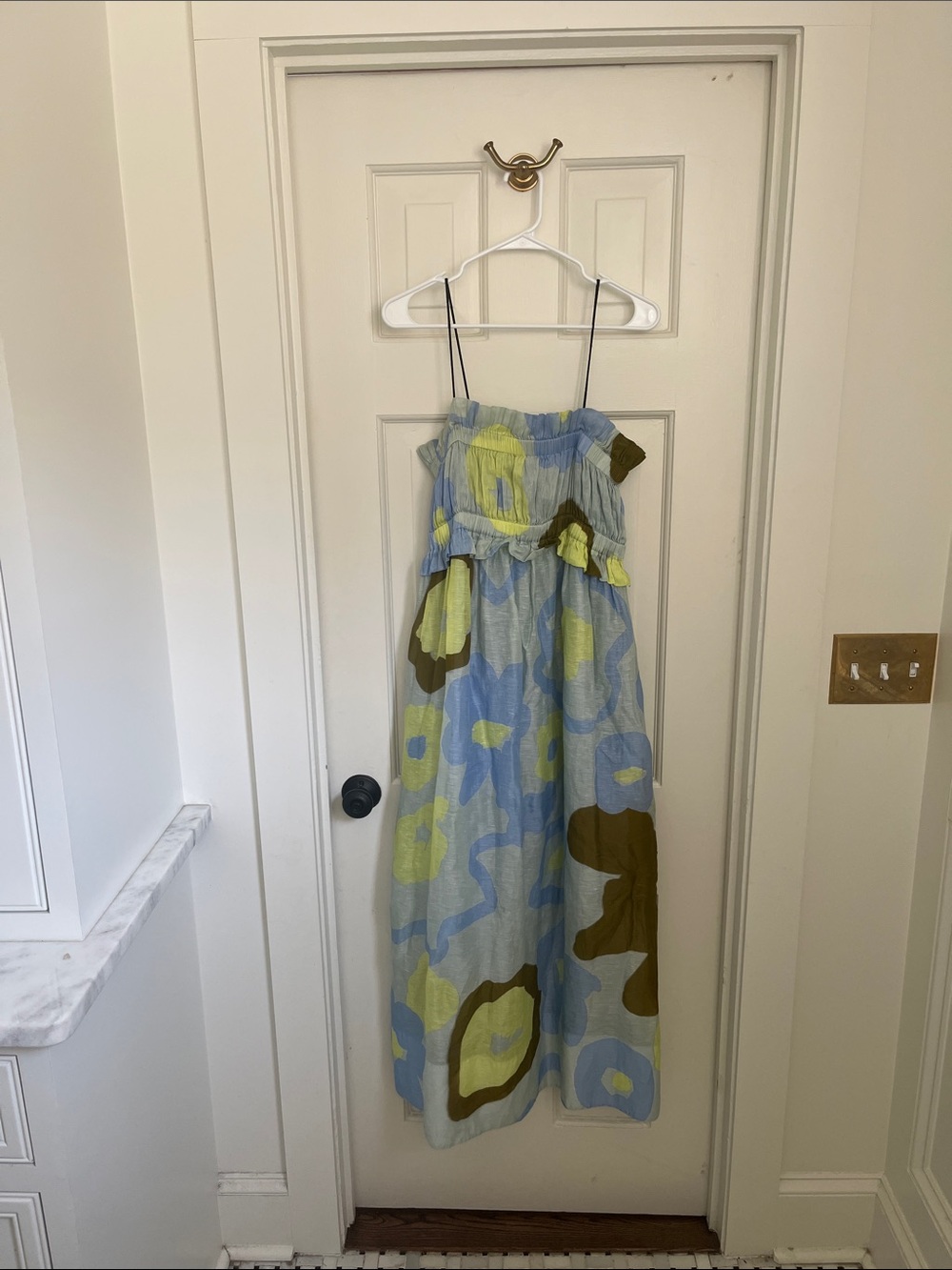 Lee Mathews Blue Dress with Lime & Olive Abstract Print